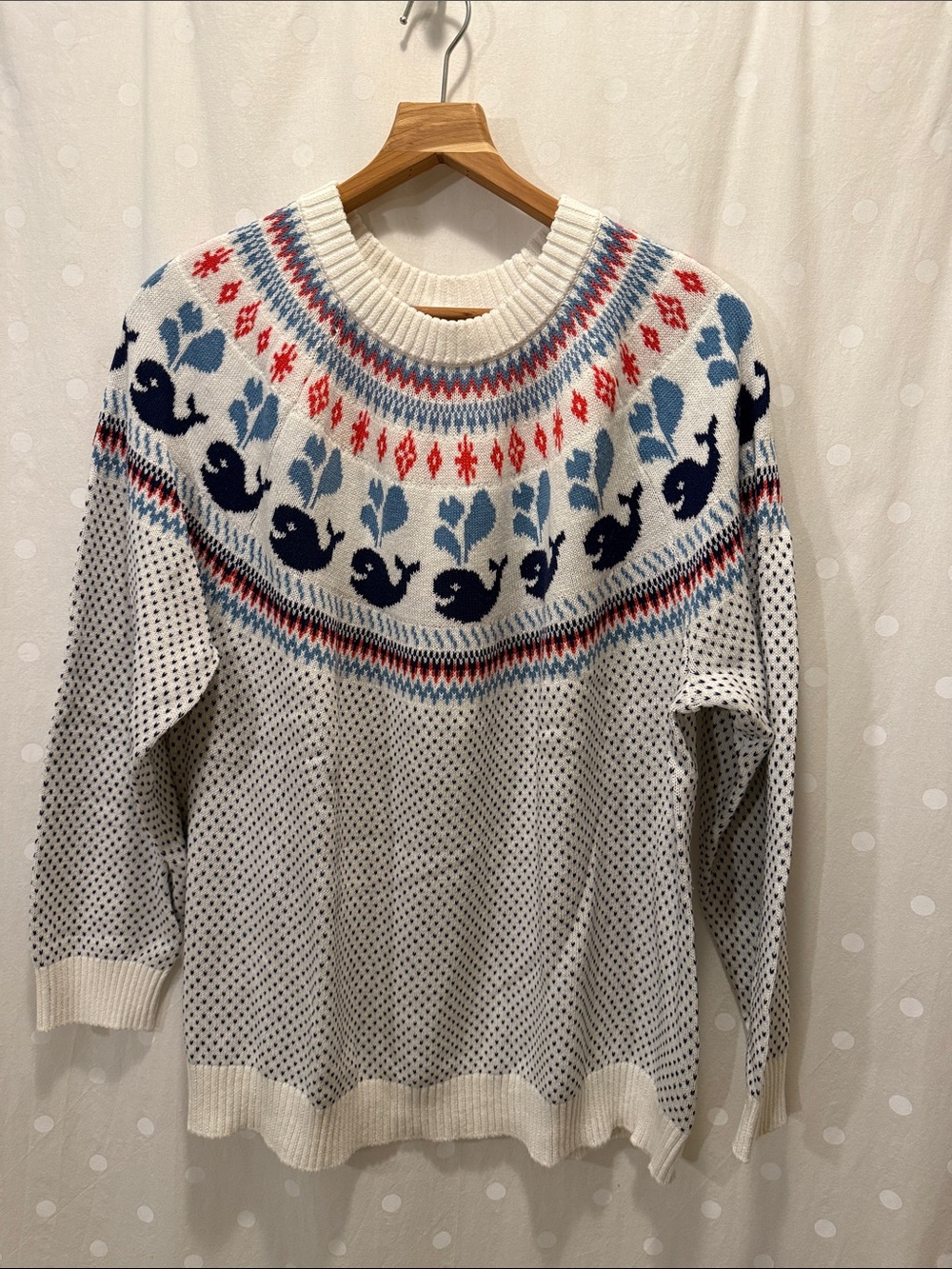 Modcloth Cream Fair Isle Crewneck with Navy Whale Motif
